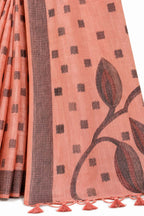 Peach Coral Linen Silk Zari Border Work Saree