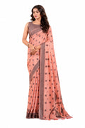 Peach Coral Linen Silk Zari Border Work Saree