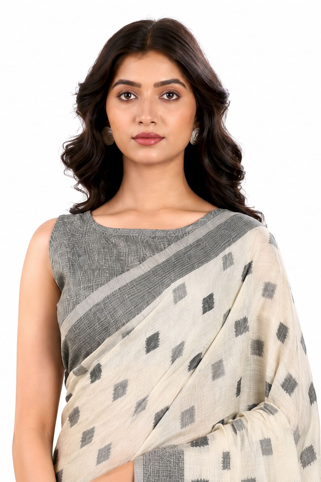 Ivory Linen Printed Office Wear Saree - Naksh Creation