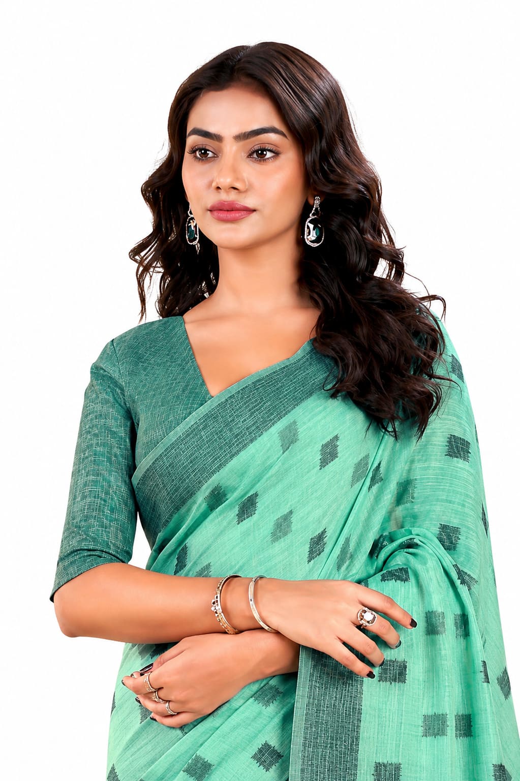 Mint Green Linen Printed Office Wear Saree - Naksh Creation