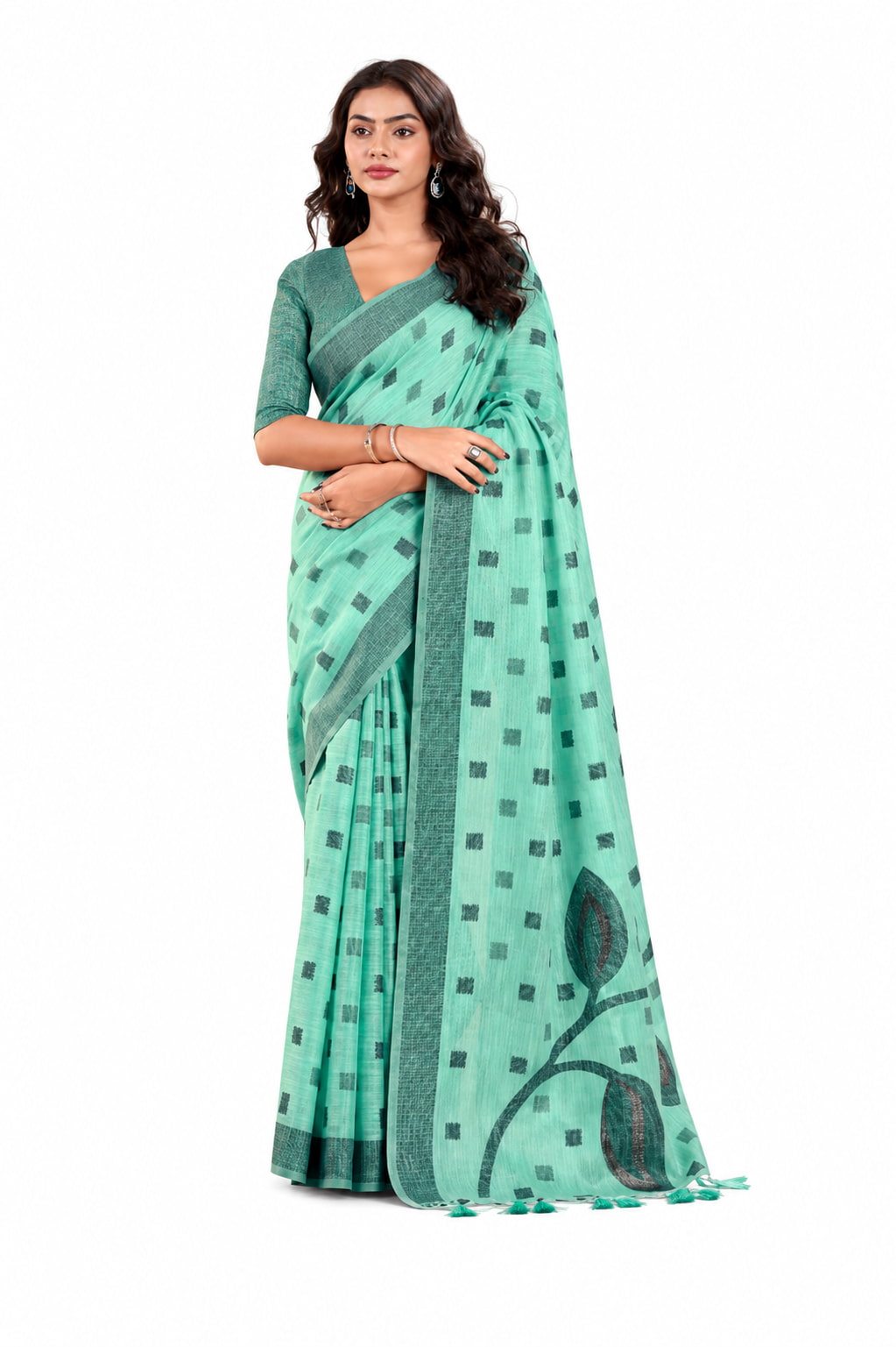 Sea Green Linen Silk Zari Border Work Saree