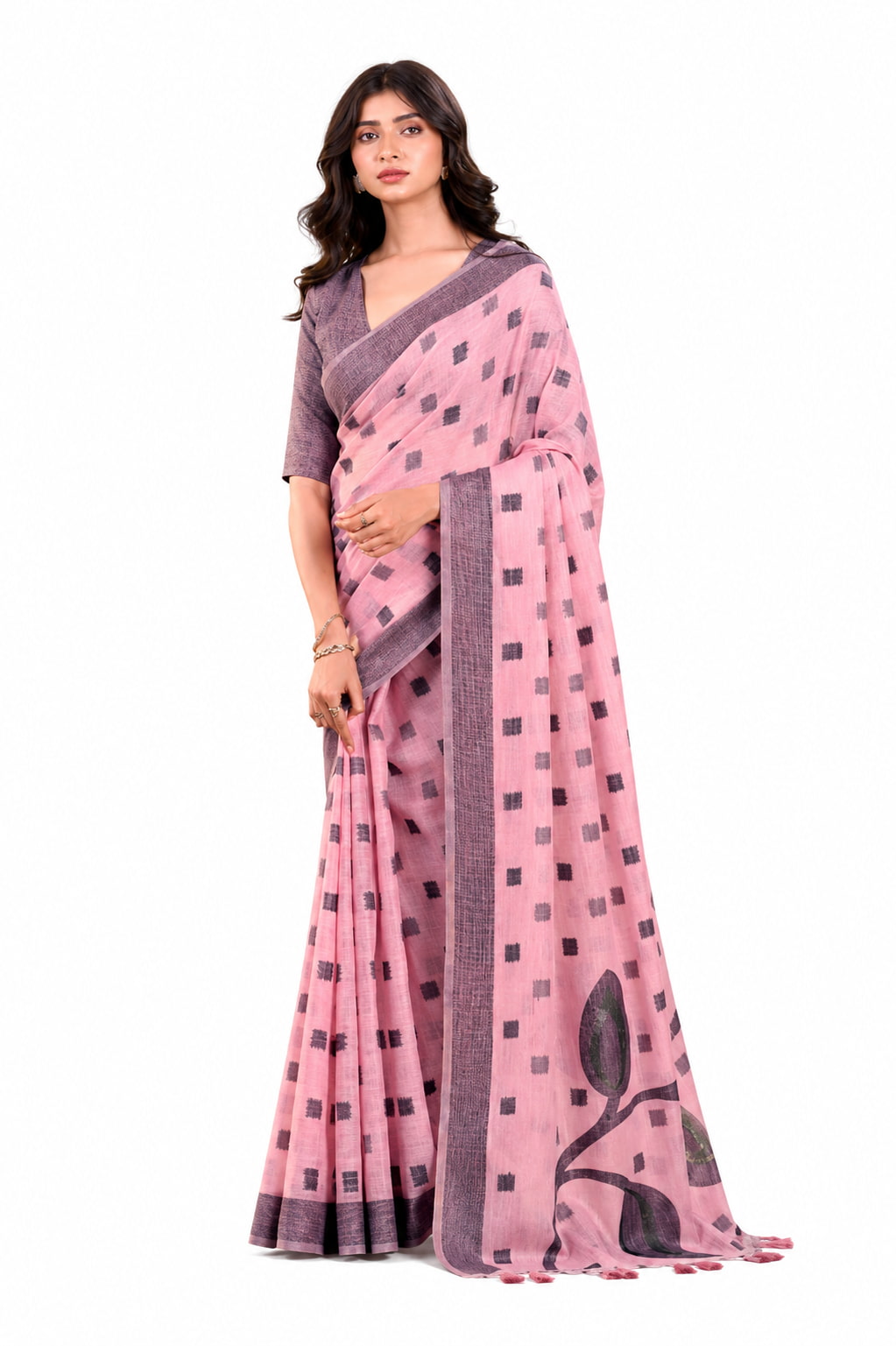 Blush Pink Linen Silk Zari Border Work Saree