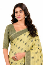 Pale Yellow Linen Printed Office Wear Saree - Naksh Creation