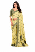 Lemon Yellow Linen Silk Zari Border Work Saree