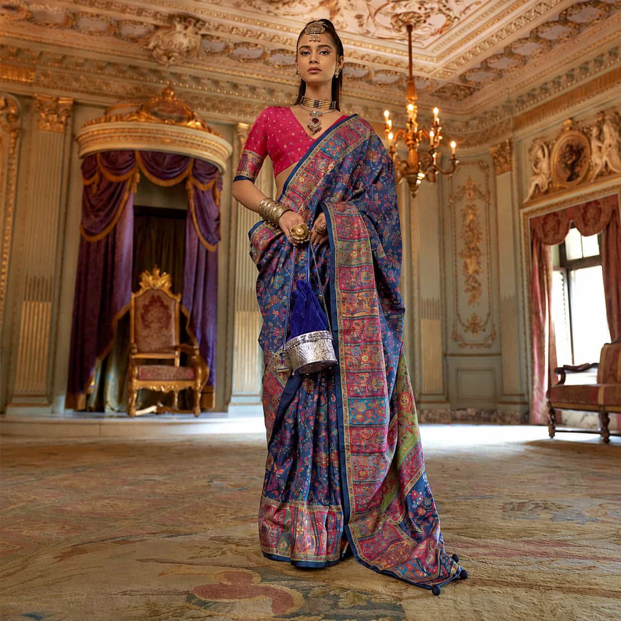 Royal Blue Viscose Silk Luxury Printed Party Wear Saree