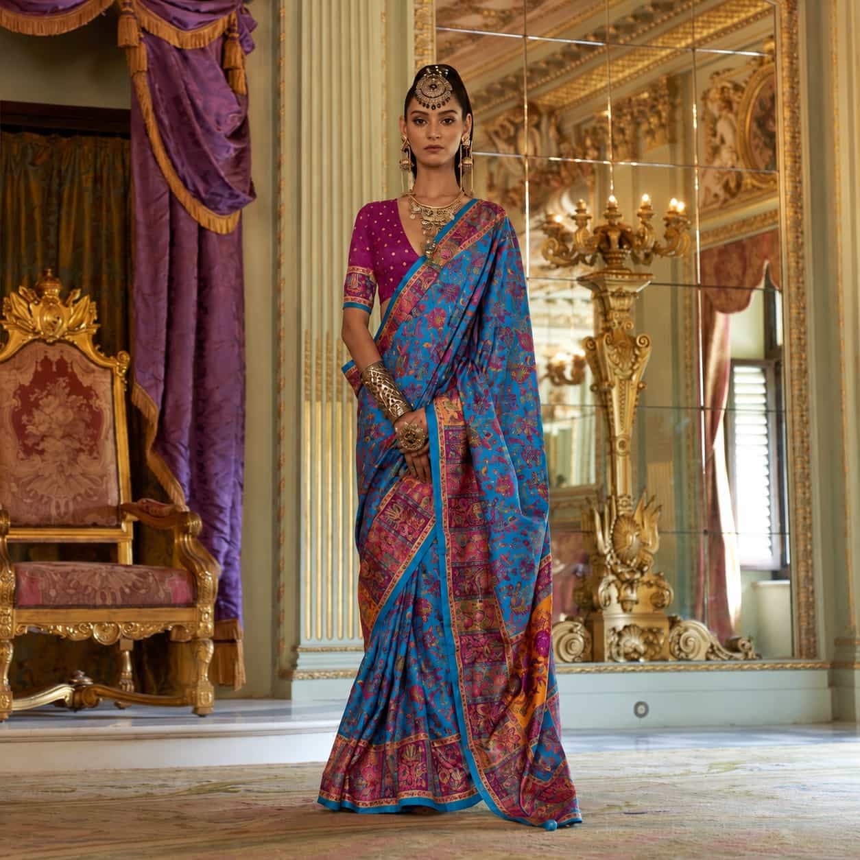 Sky Blue Viscose Silk Luxury Printed Party Wear Saree