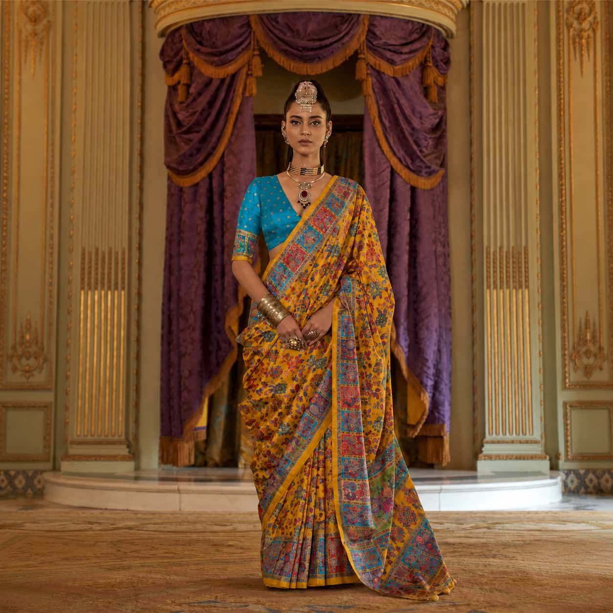 Mustard Yellow Viscose Silk Luxury Printed Party Wear Saree
