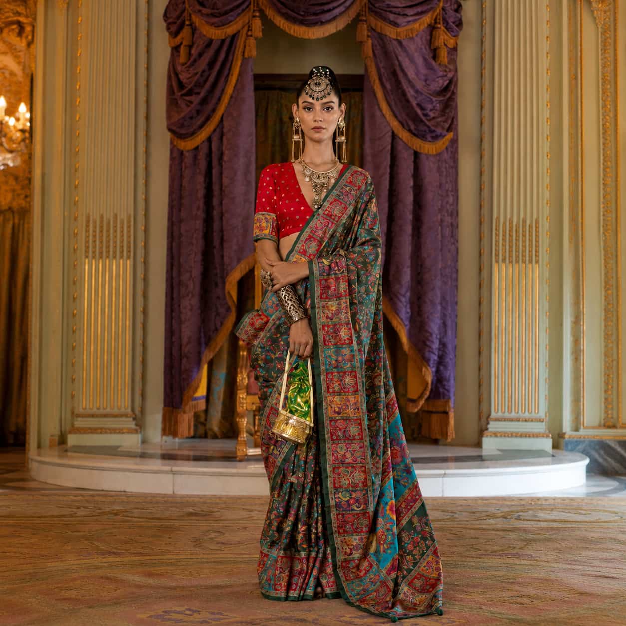 Teal Green Viscose Silk Luxury Printed Party Wear Saree