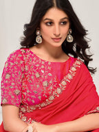 Red Crepe Two tone silk Sequins with Handwork Saree - View 1