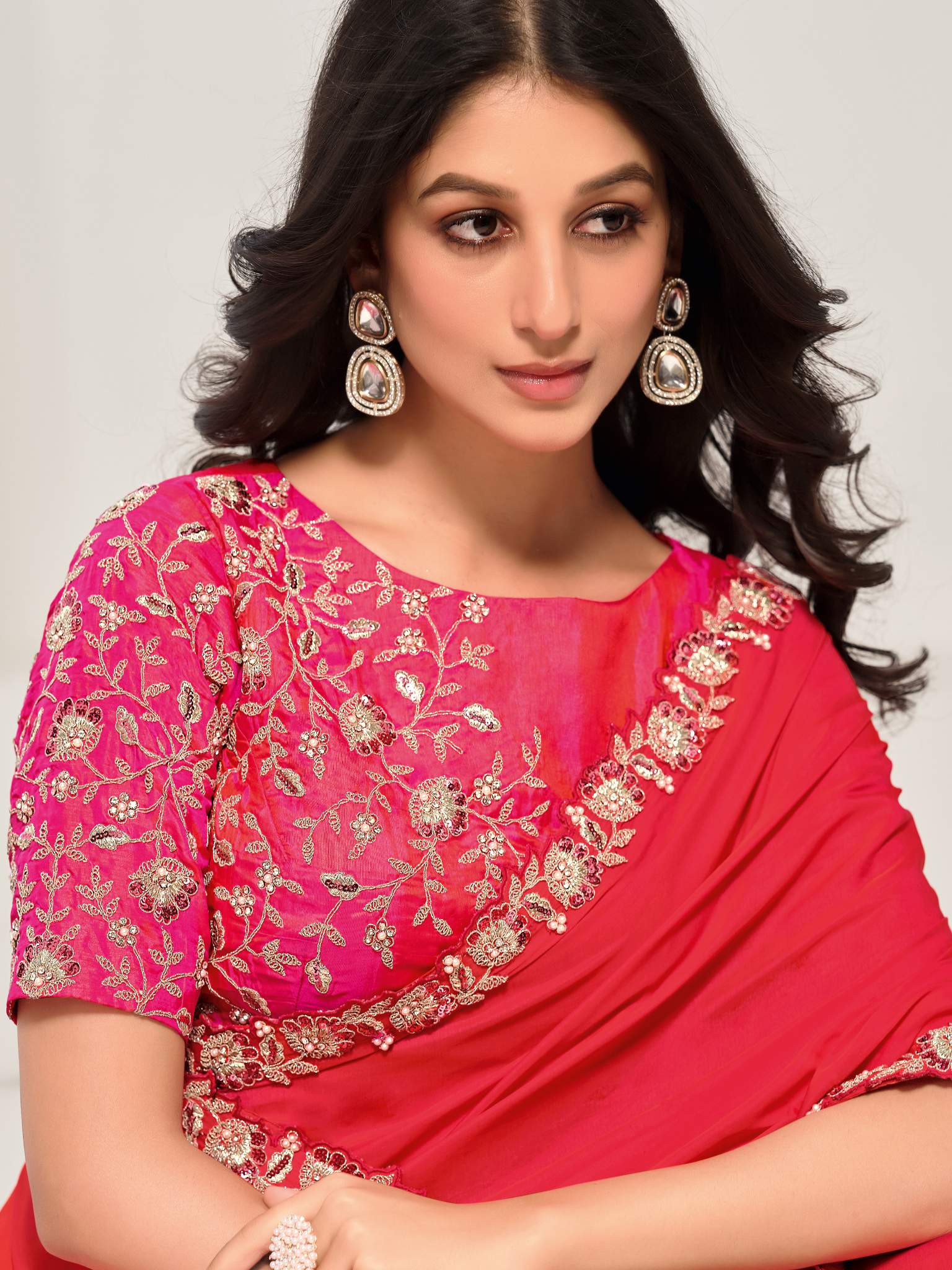 Red Crepe Two tone silk Sequins with Handwork Saree - View 1