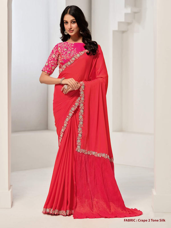 Red Crepe Two tone silk Sequins with Handwork Saree - View 2