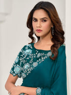 Teal Crepe Satin Silk Sequins with Applique work Saree - View 2