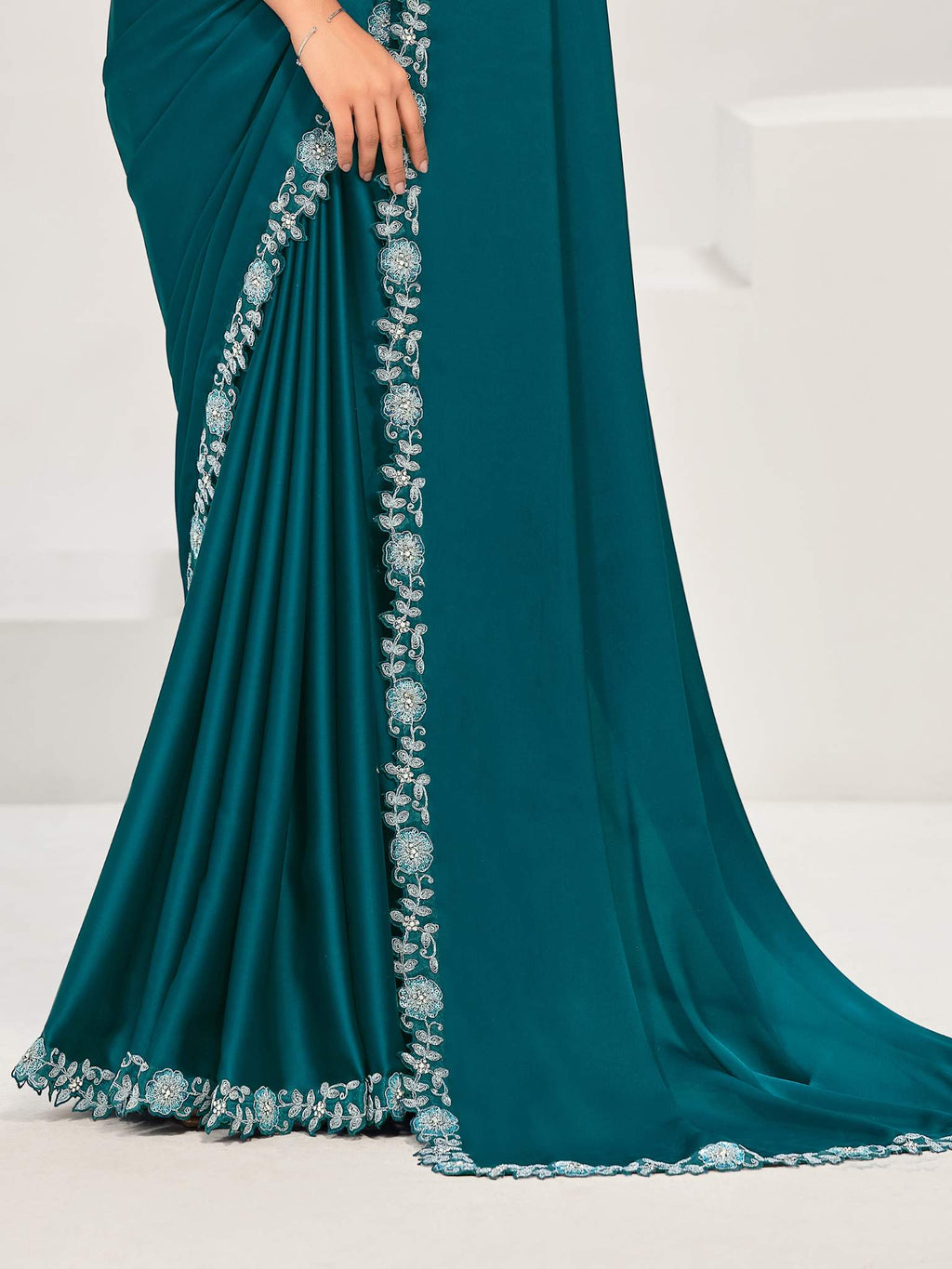 Teal Crepe Satin Silk Sequins with Applique work Saree - View 3