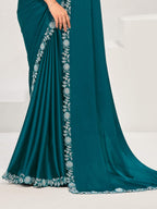 Teal Crepe Satin Silk Sequins with Applique work Saree - View 3
