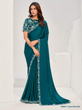 Teal Crepe Satin Silk Sequins with Applique work Saree - View 1