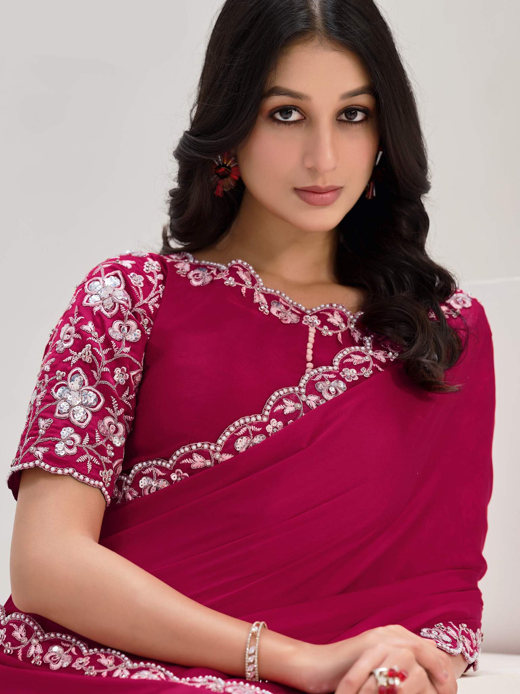 Pink Crepe Satin Silk Sequins with Moti Work Saree - View 2