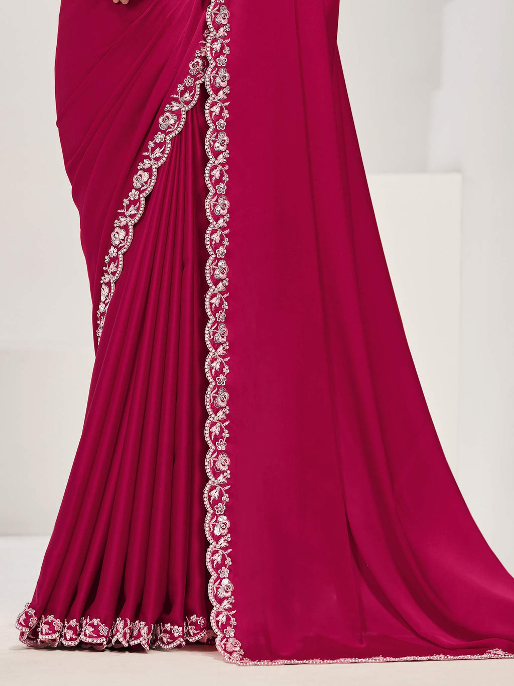 Pink Crepe Satin Silk Sequins with Moti Work Saree - View 3