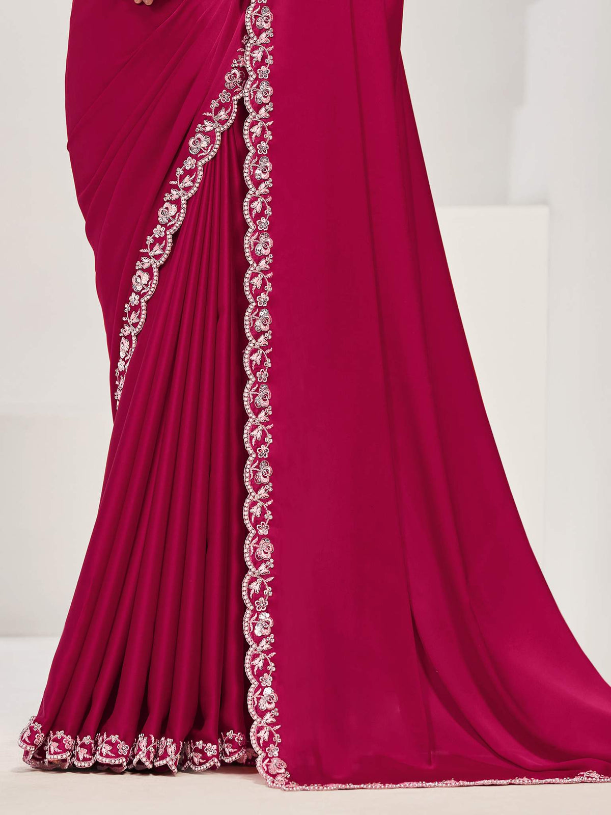 Pink Crepe Satin Silk Sequins with Moti Work Saree - View 3