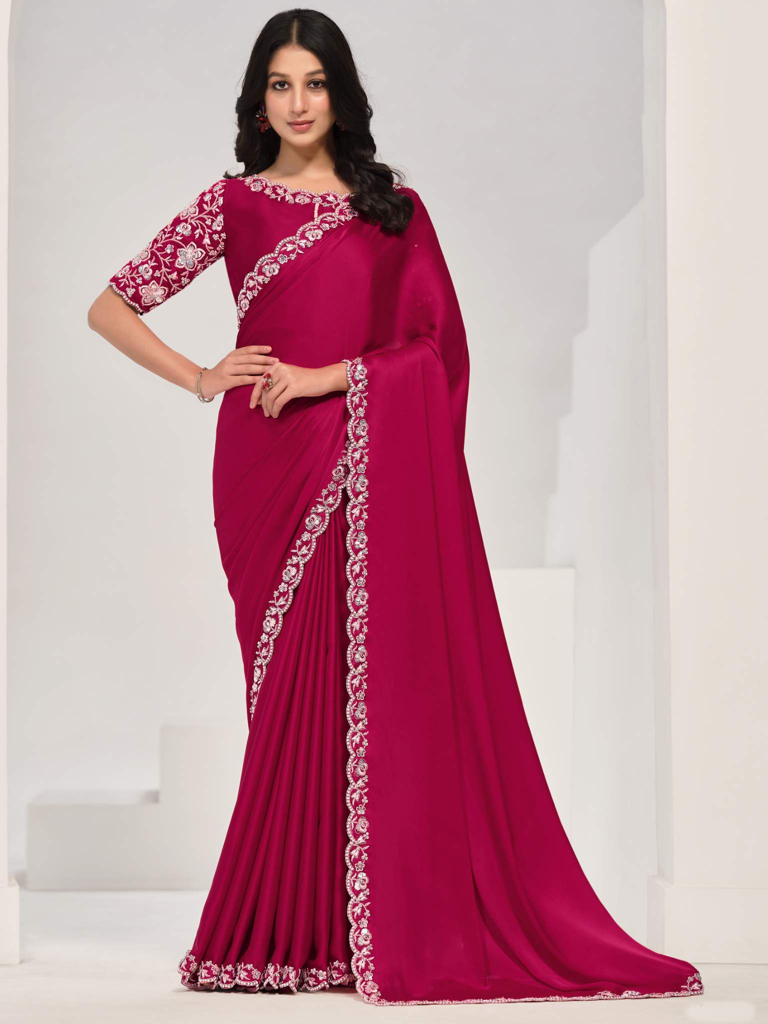 Pink Crepe Satin Silk Sequins with Moti Work Saree - View 1