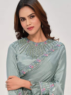 Sea Green Crepe Satin Silk Handwork Saree - View 2