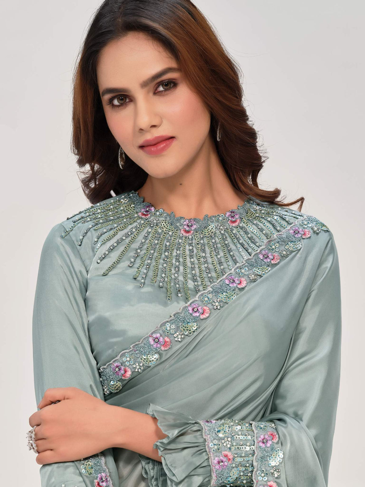 Sea Green Crepe Satin Silk Handwork Saree - View 2