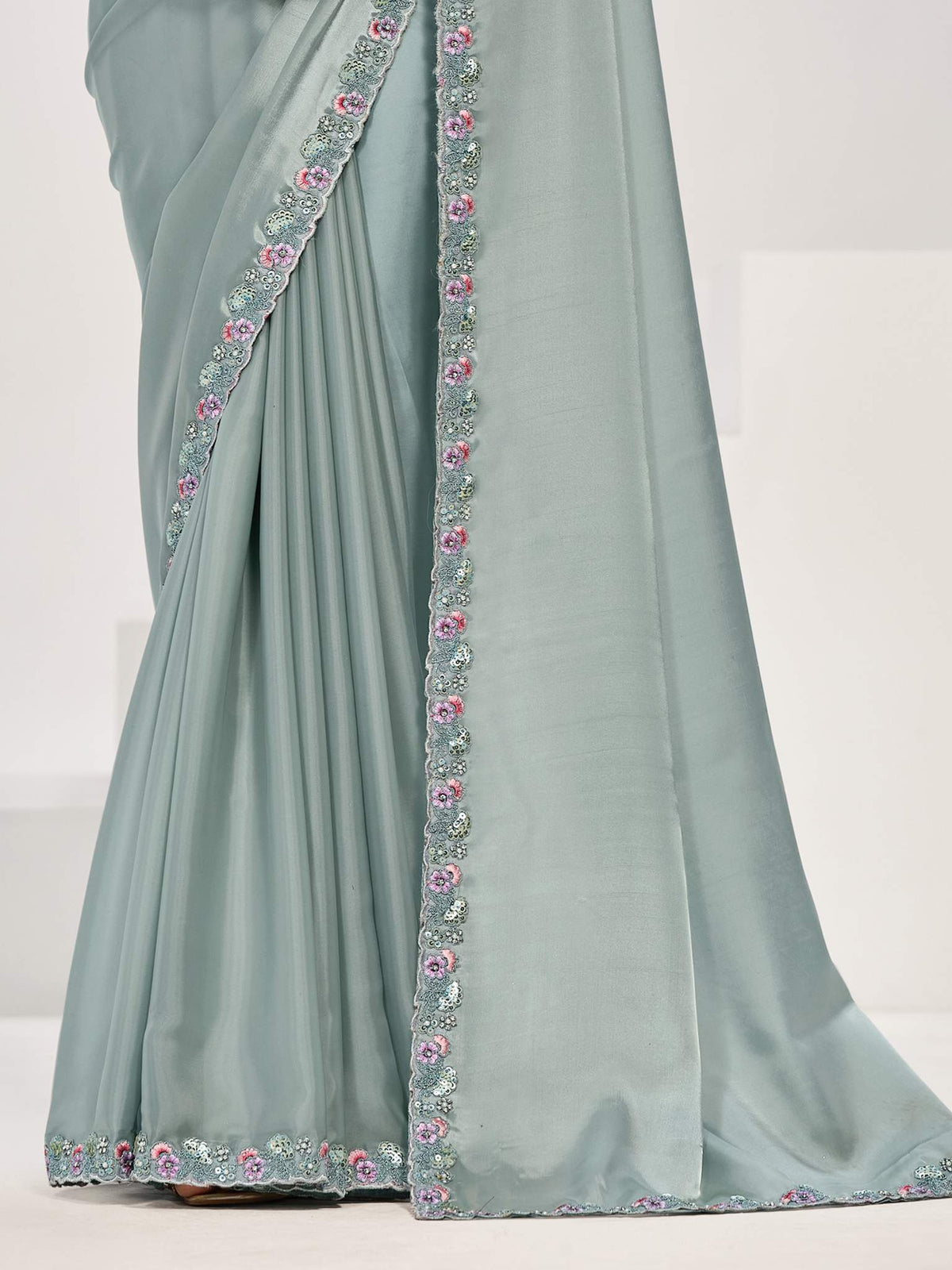 Sea Green Crepe Satin Silk Handwork Saree - View 3