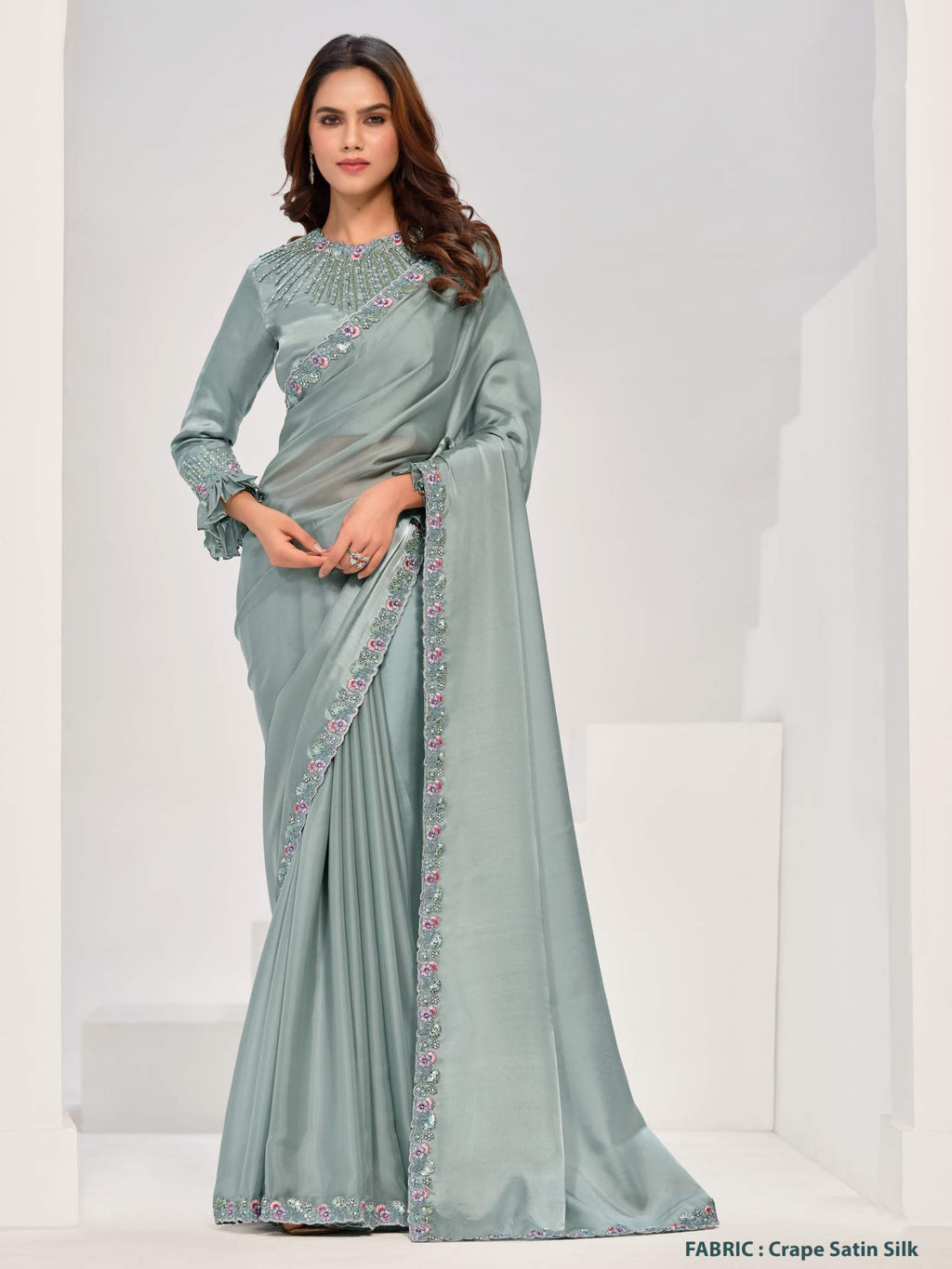 Sea Green Crepe Satin Silk Handwork Saree - View 1