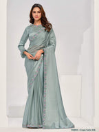 Sea Green Crepe Satin Silk Handwork Saree - View 1