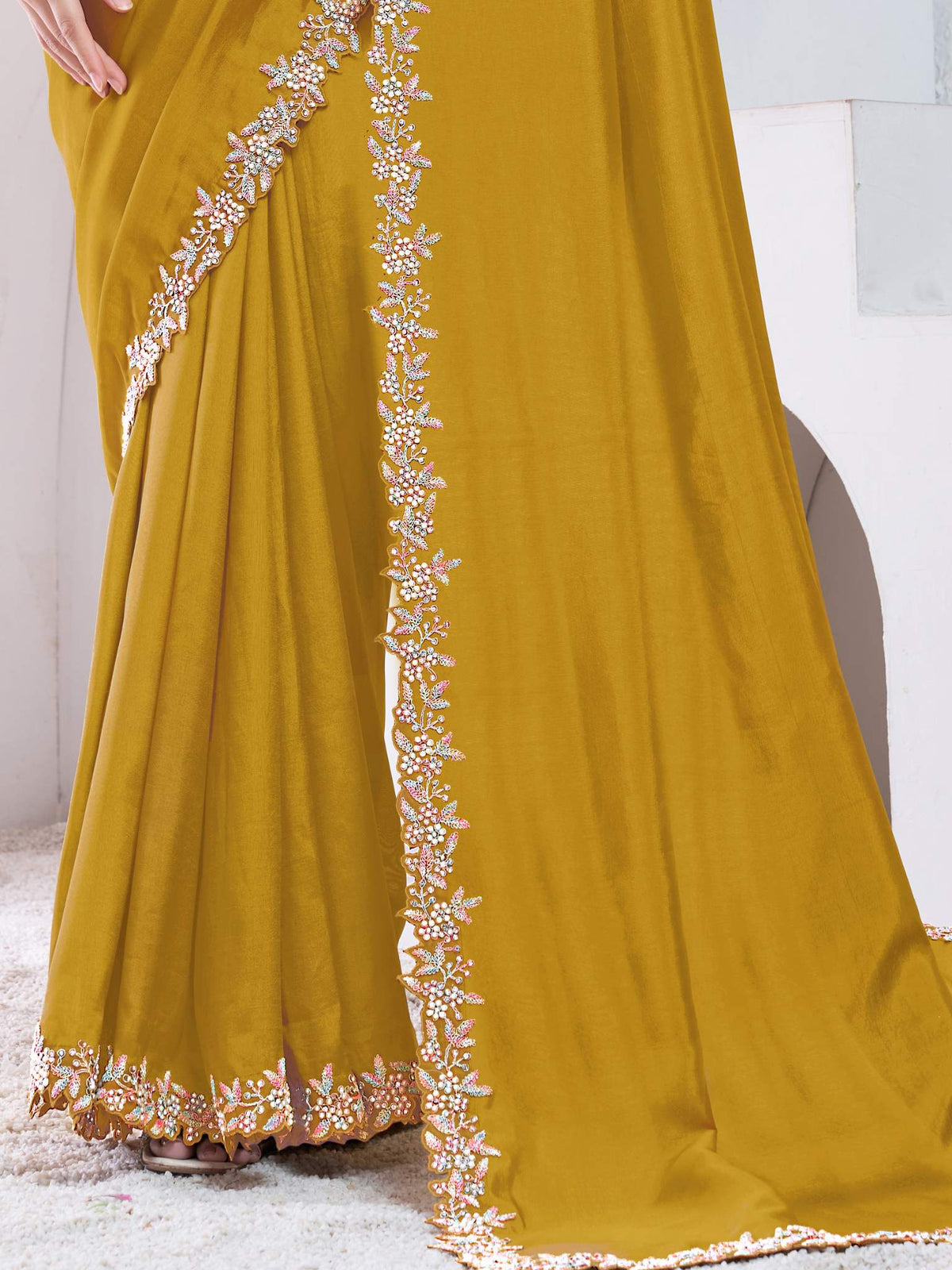 Mustard Pure Crepe Silk Moti with hand work Saree - View 2