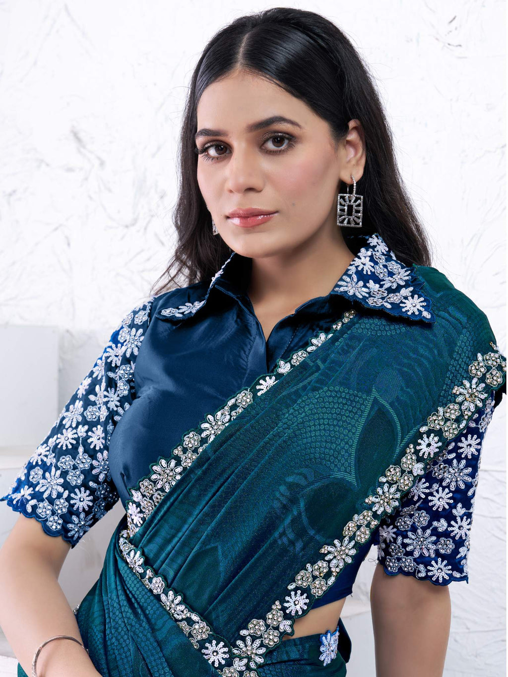 Teal Pattern Georgette Sequins with hand work Saree - View 2