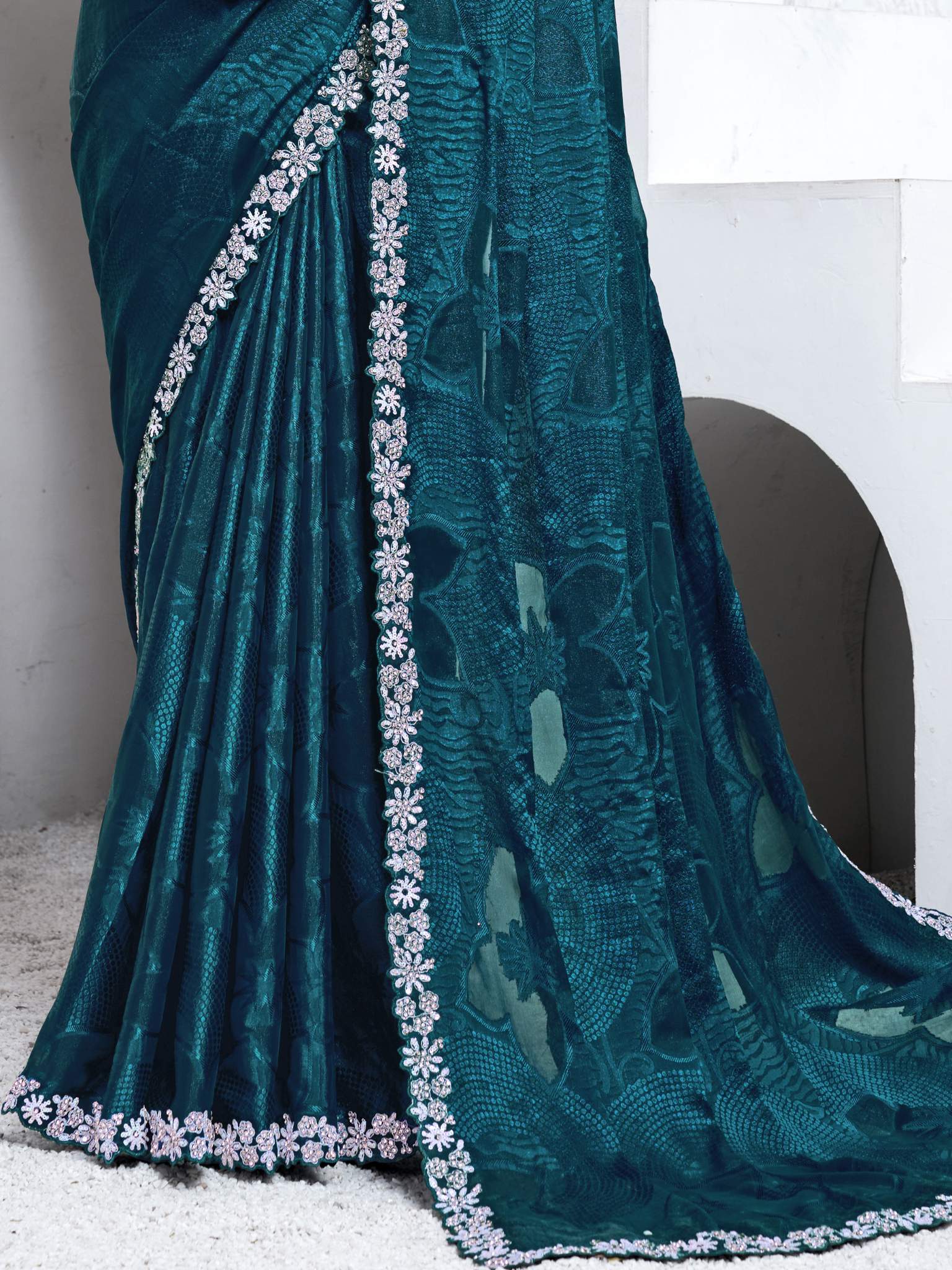 Teal Pattern Georgette Sequins with hand work Saree - View 3