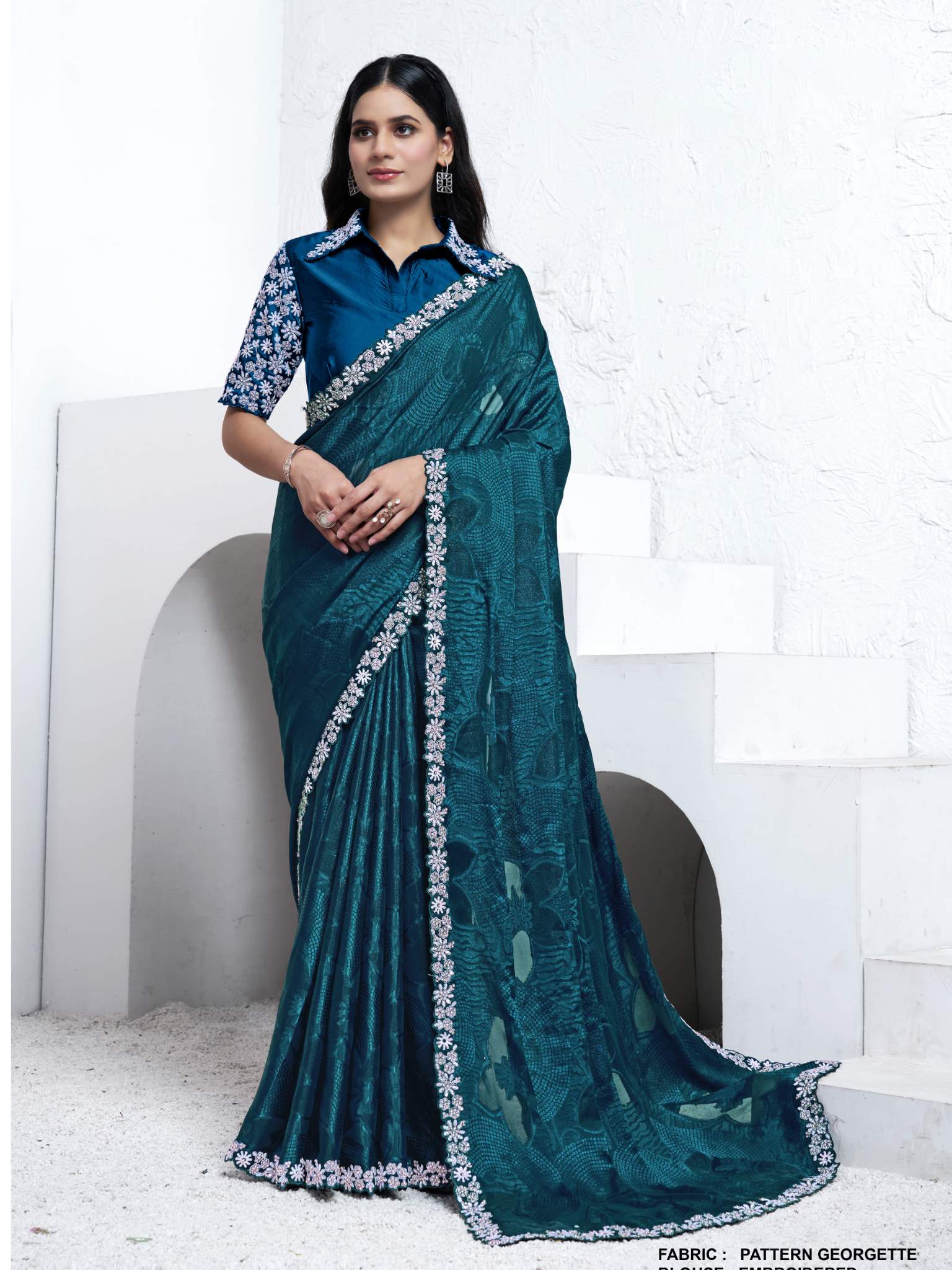 Teal Pattern Georgette Sequins with hand work Saree - View 1