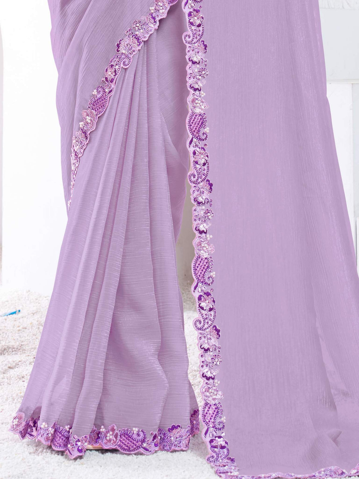 Lavendar Crepe Shimmer Silk Moti with hand work Saree - View 2