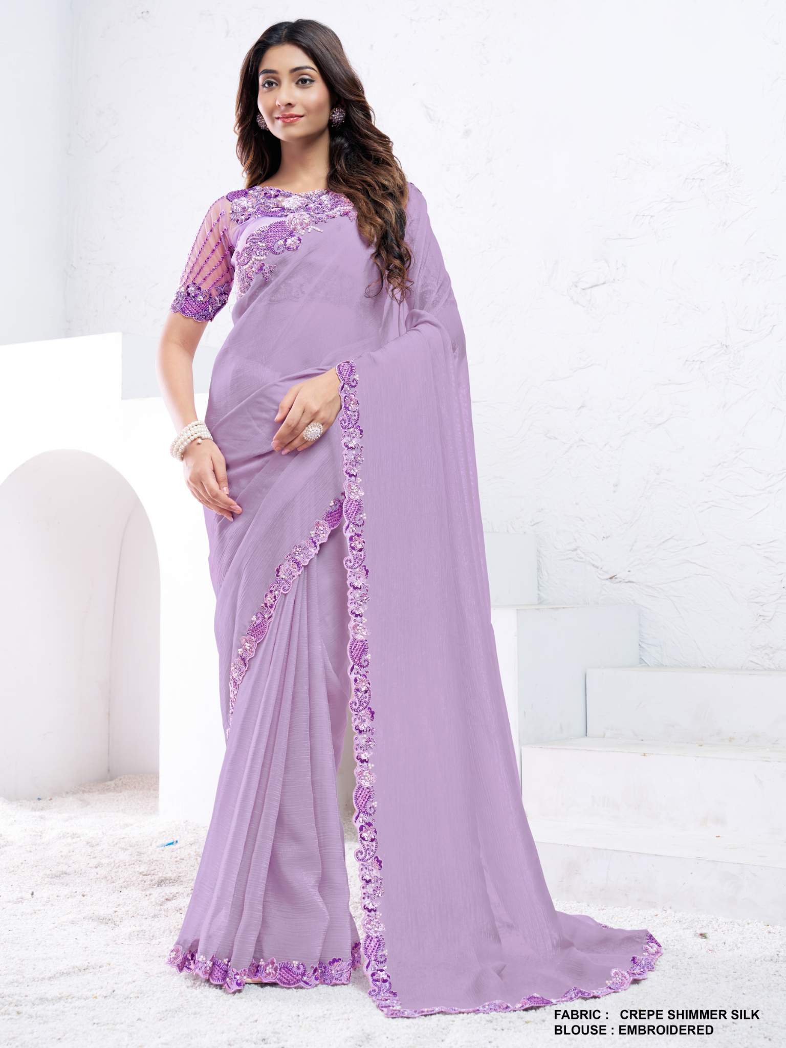 Lavendar Crepe Shimmer Silk Moti with hand work Saree - View 3
