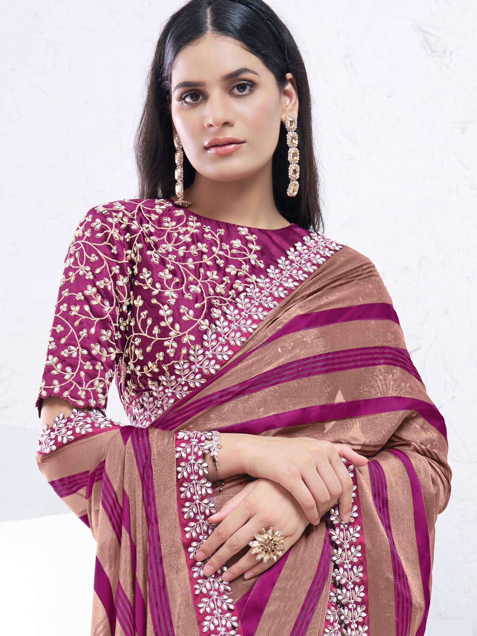 Brown & Purple Pattern Georgette Moti with hand work Saree - View 2