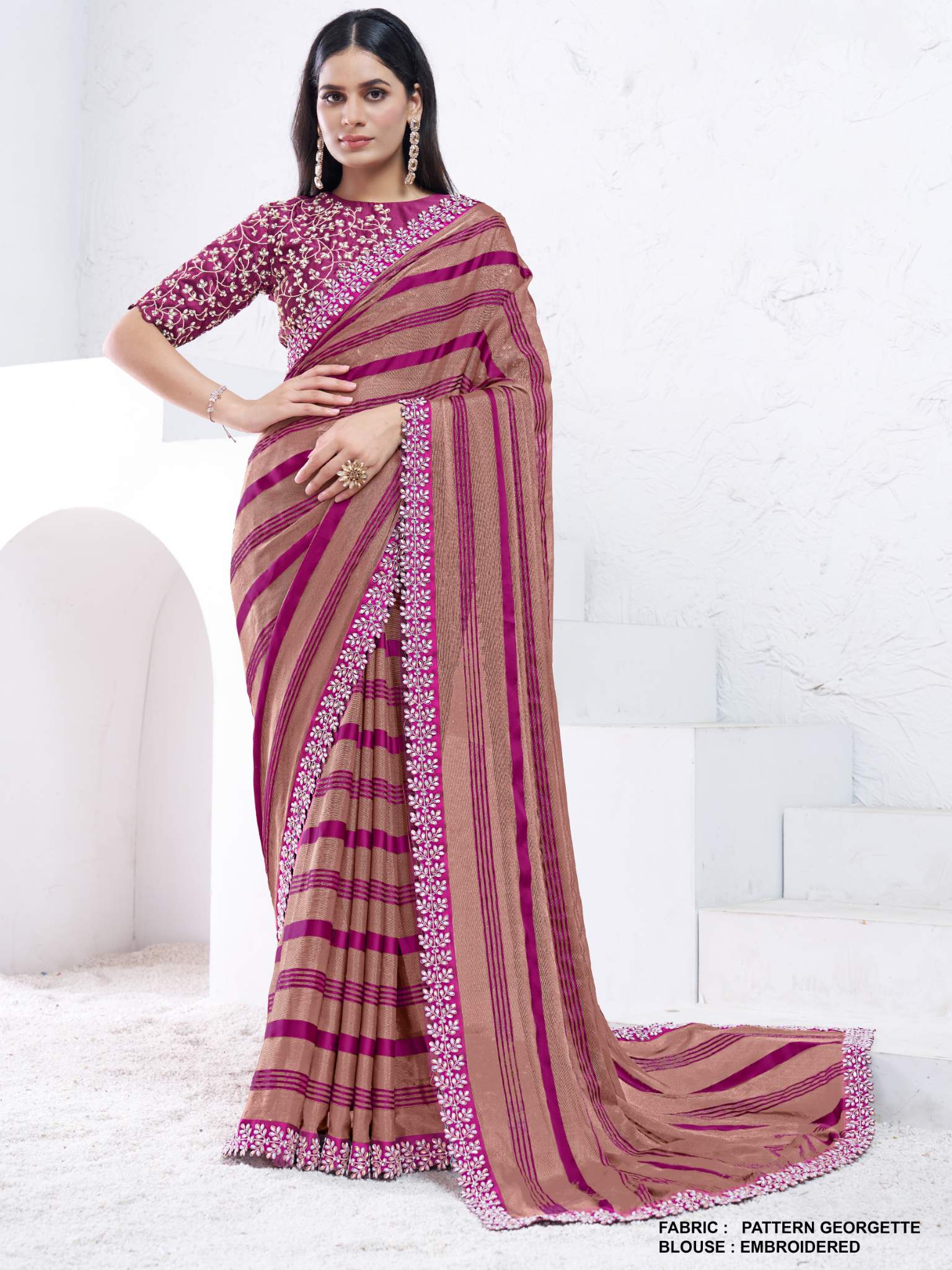 Brown & Purple Pattern Georgette Moti with hand work Saree - View 1