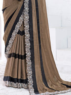 Dark Brown Pattern Georgette Moti with real mirror work Saree - View 3