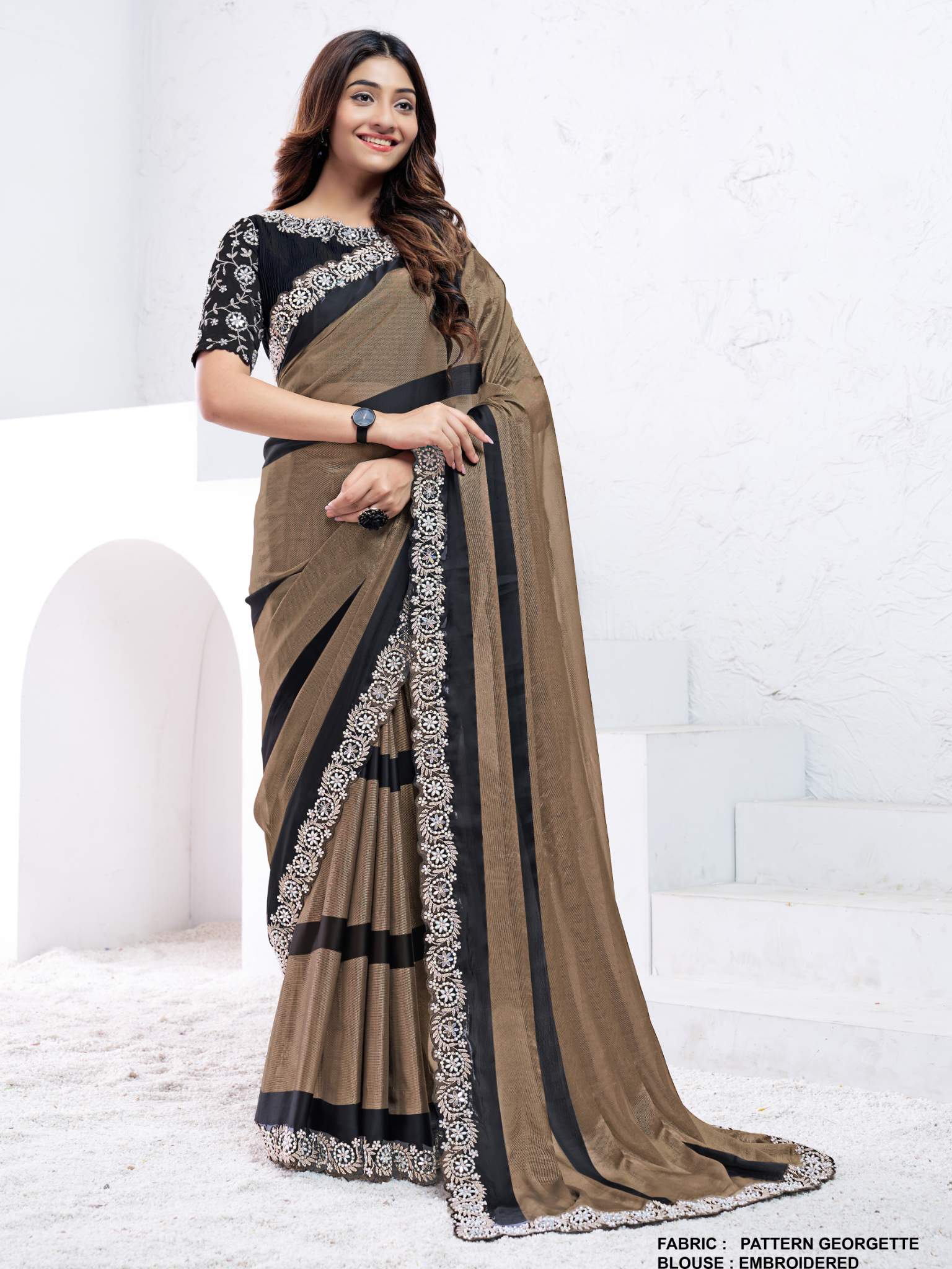 Dark Brown Pattern Georgette Moti with real mirror work Saree - View 1
