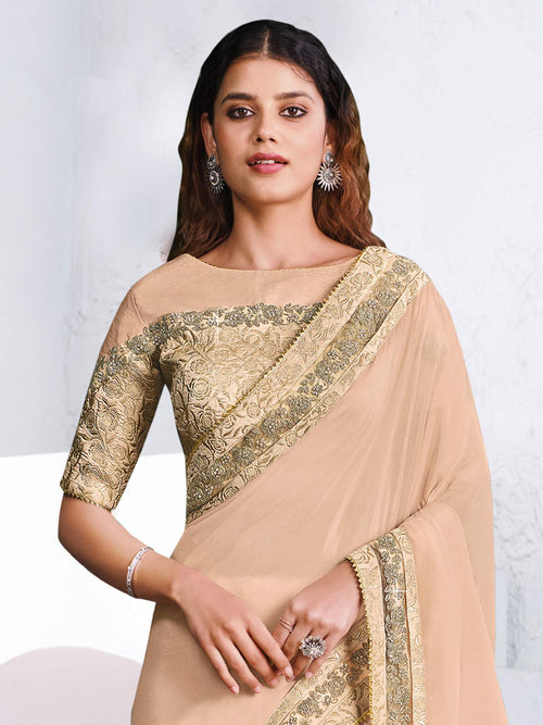 Beige Silk Georgette Cord embroidery Saree - View 2