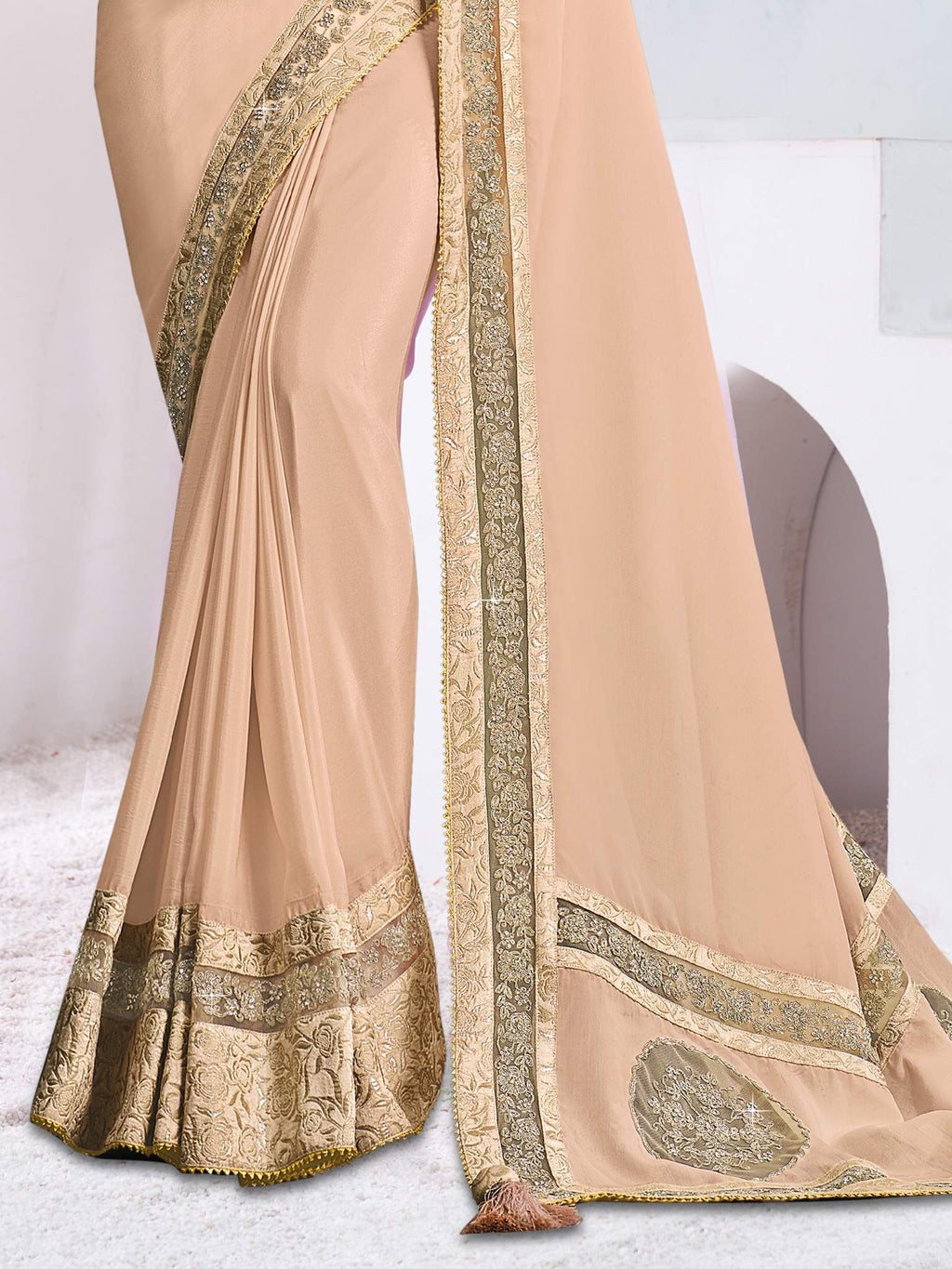 Beige Silk Georgette Cord embroidery Saree - View 3