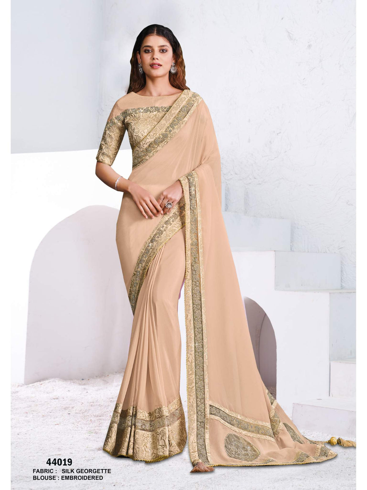 Beige Silk Georgette Cord embroidery Saree - View 1
