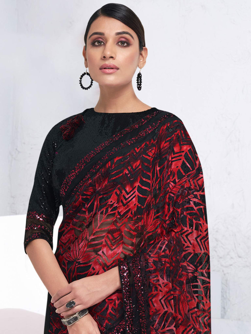 Black & Red Brasso with Crepe Applic Work Saree - View 2