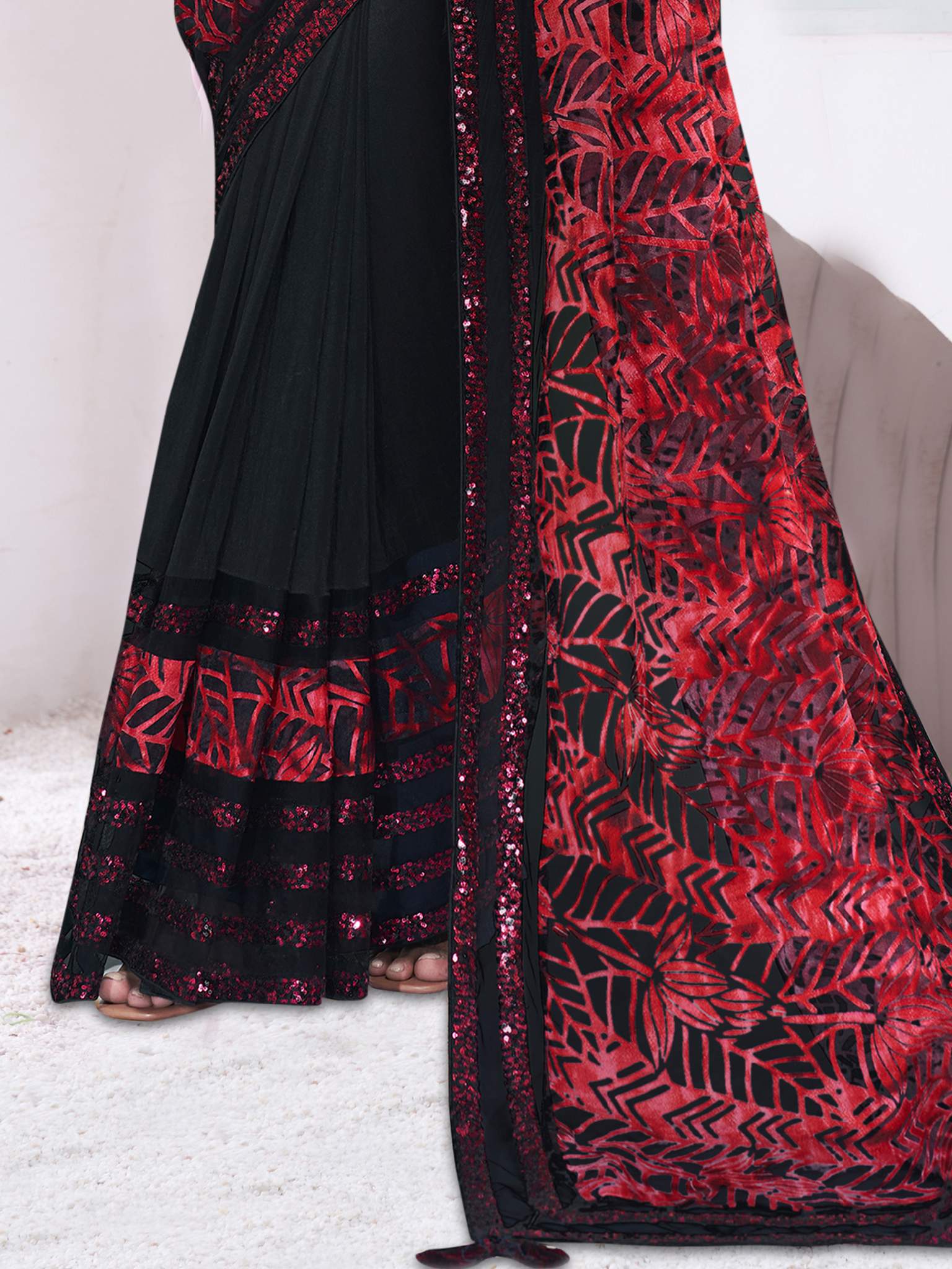 Black & Red Brasso with Crepe Applic Work Saree - View 3