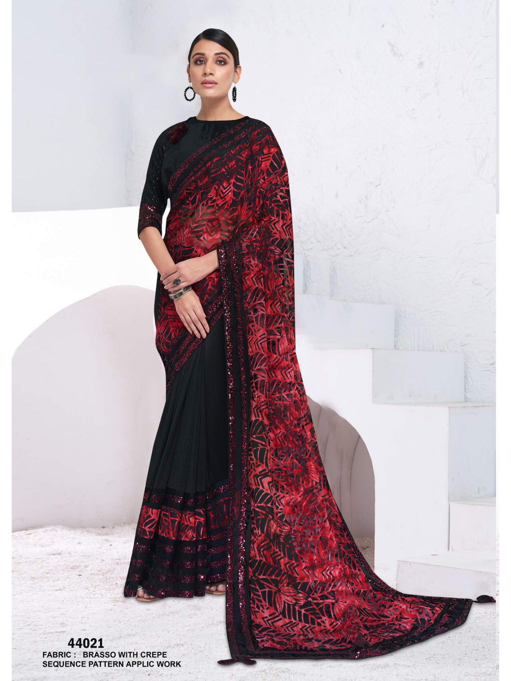 Black & Red Brasso with Crepe Applic Work Saree - View 1