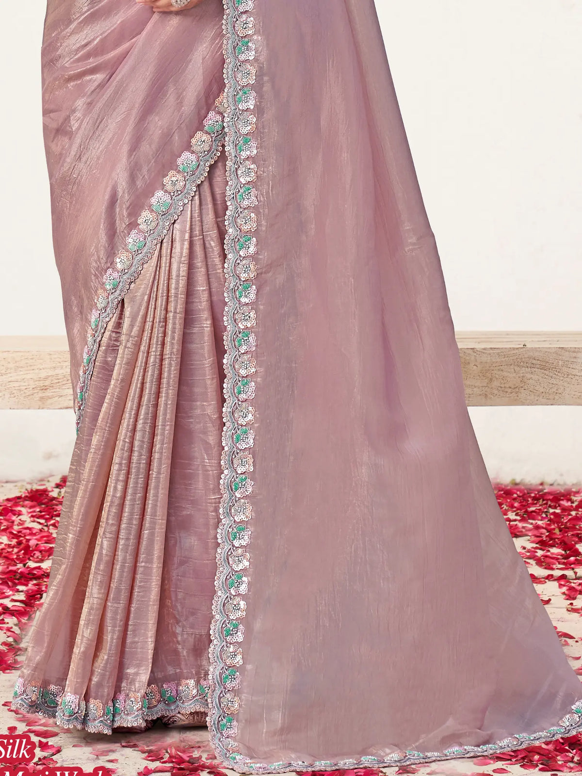 Pyaji Crush Paper Silk Sequins with Moti work Saree