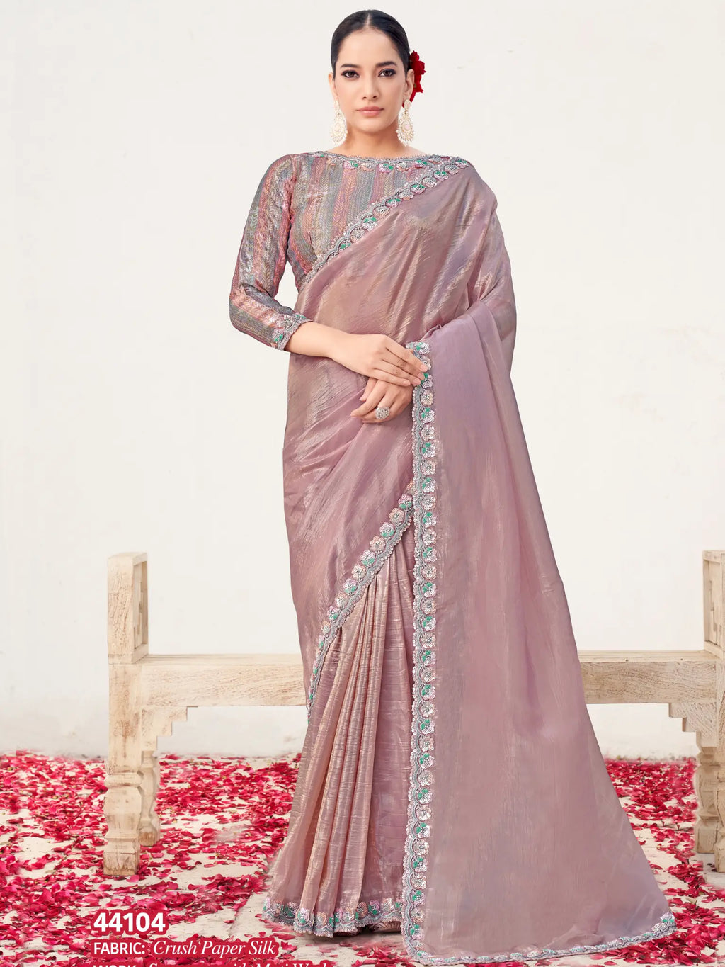 Pyaji Crush Paper Silk Sequins with Moti work Saree