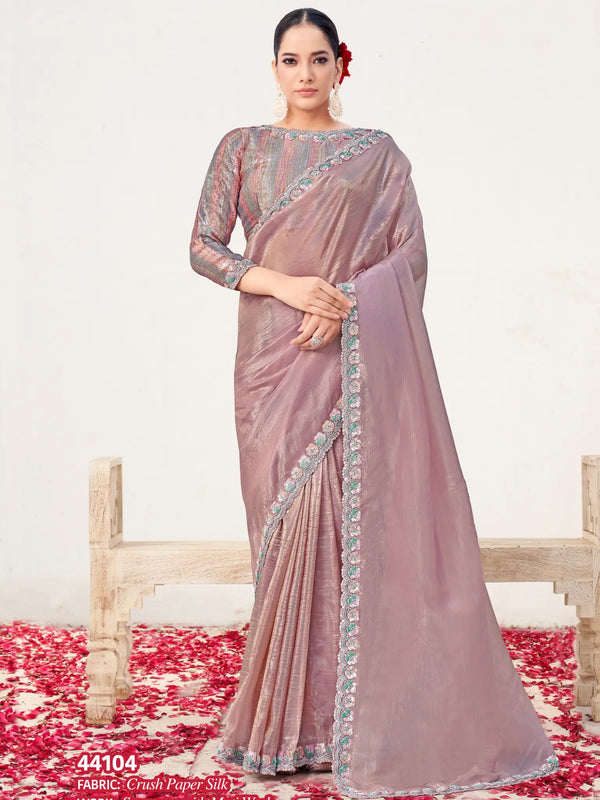 Pyaji Crush Paper Silk Sequins with Moti work Saree
