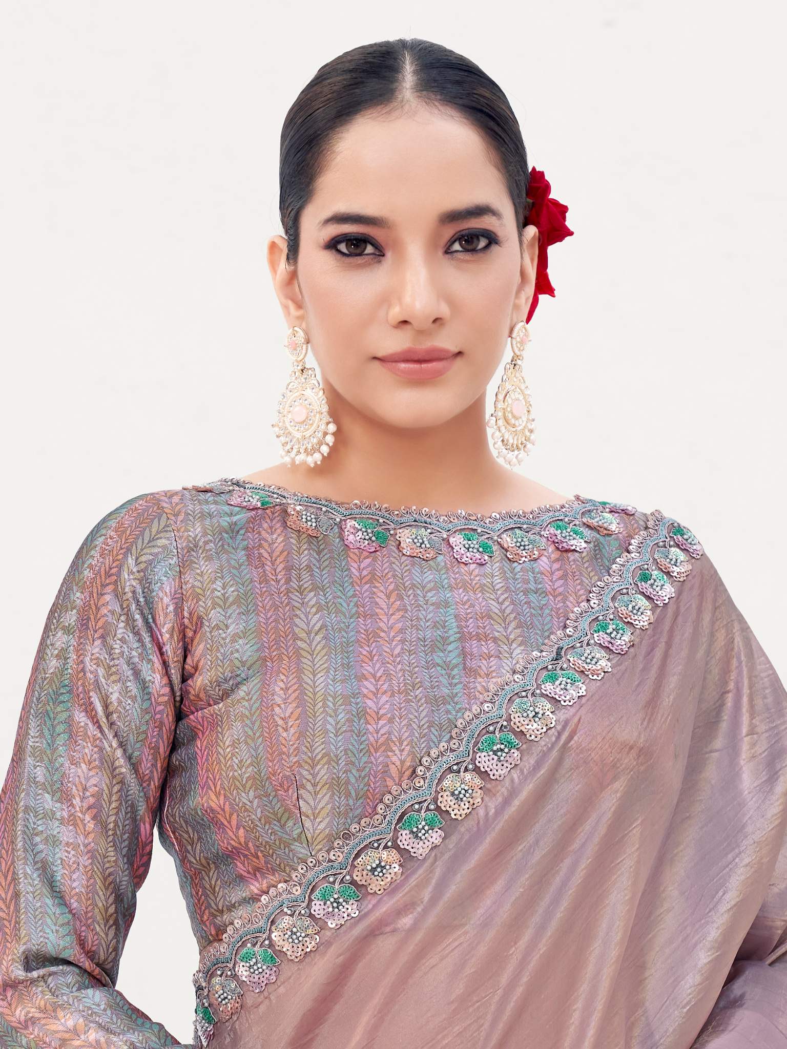 Pyaji Crush Paper Silk Sequins with Moti work Saree - View 1