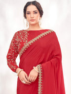 Red Crepe Satin Silk Moti with Handwork Saree - View 1