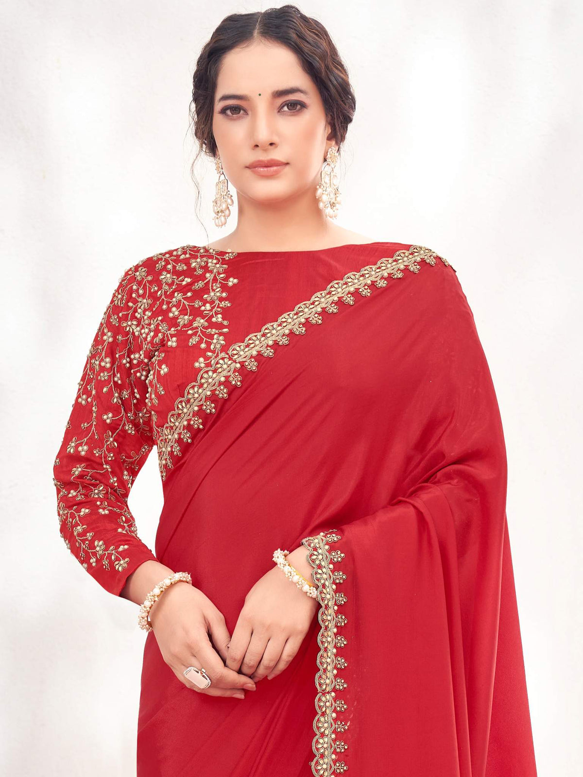 Red Crepe Satin Silk Moti with Handwork Saree - View 1